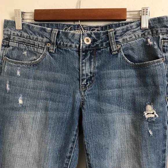 AEO American Eagle Bootleg Slight Flare Distressed Blue Denim Jeans Size 8 Long - Picture 3 of 16